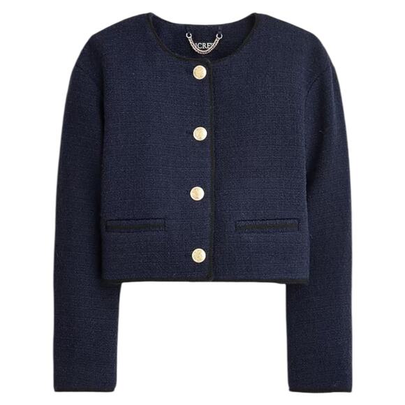 J. Crew Tweed Bomber Lady Jacket Wool Blend Navy Gold Button Size 14 - Picture 3 of 13